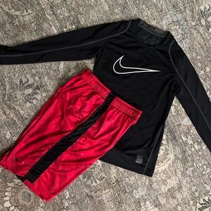 Nike Pro Black Long-Sleeve & Red Abstract Shorts Med